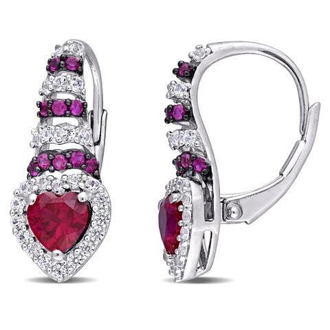 Lab-Created Ruby & White Sapphire Heart Earrings