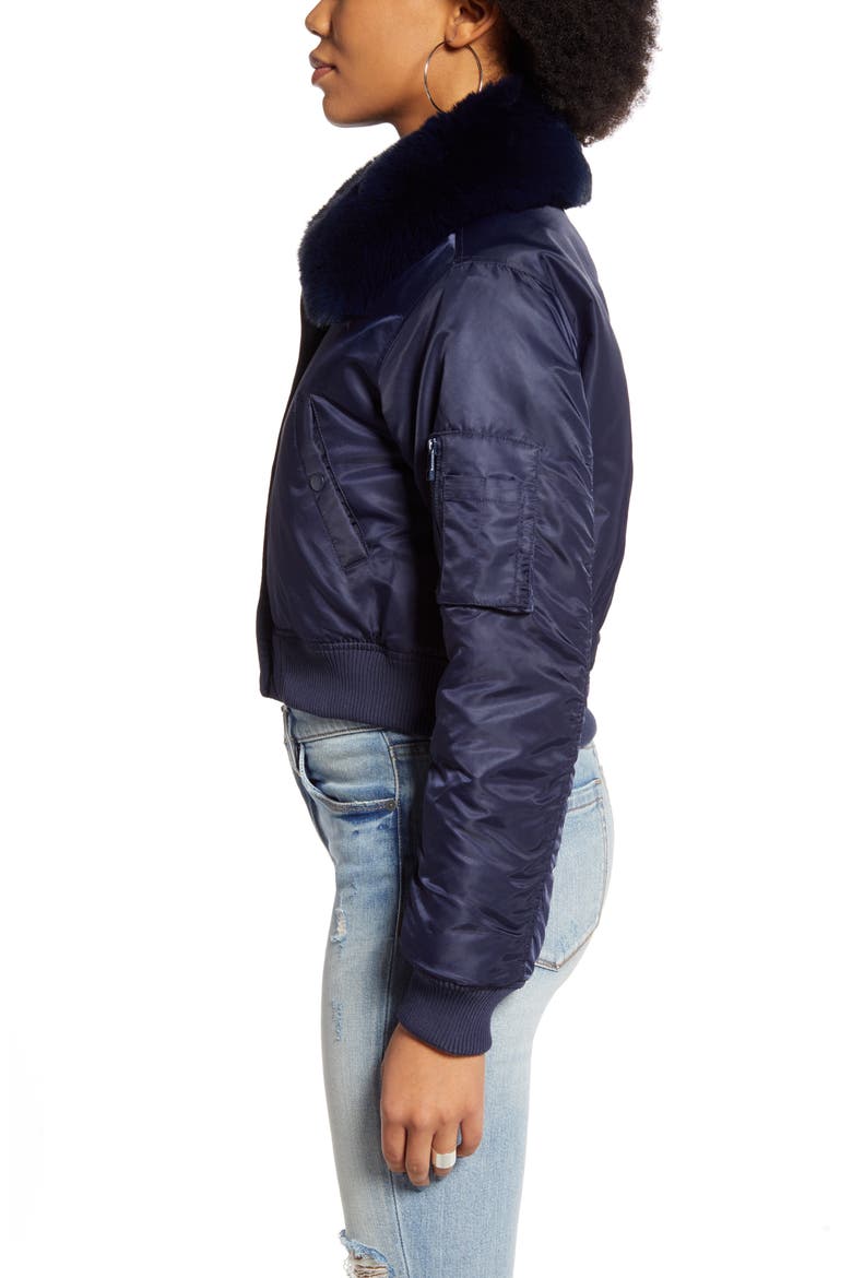 Faux Fur Collar Cropped Bomber Jacket, Alternate, color, NAVY