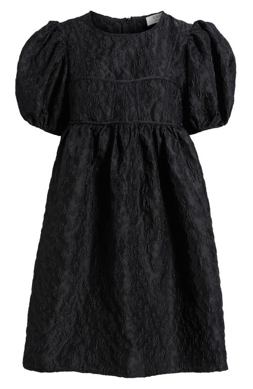 Sister Jane Oyster Jacquard Tie Waist Puff Sleeve Minidress In Black