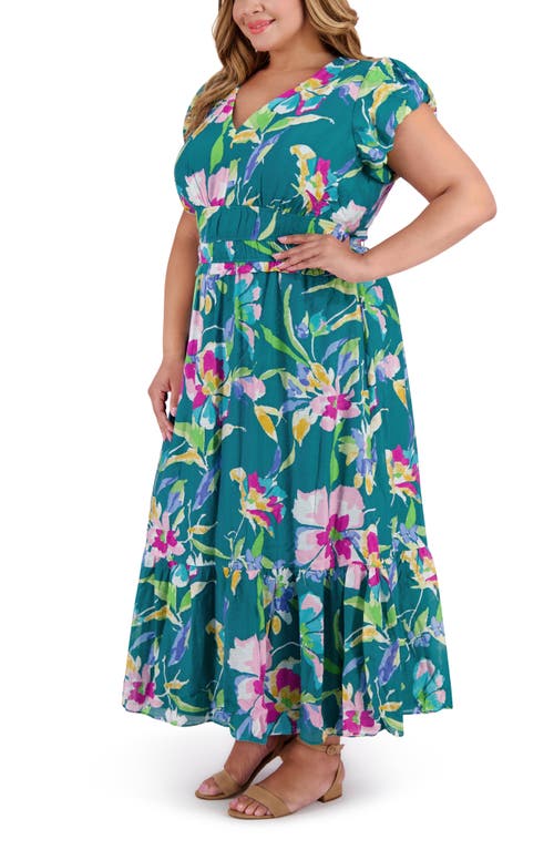London Times Floral V-neck Elastic Waist Maxi Dress In Teal/pink