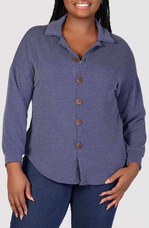 Textured Stripe Knit Button-Up Shirt (Plus)