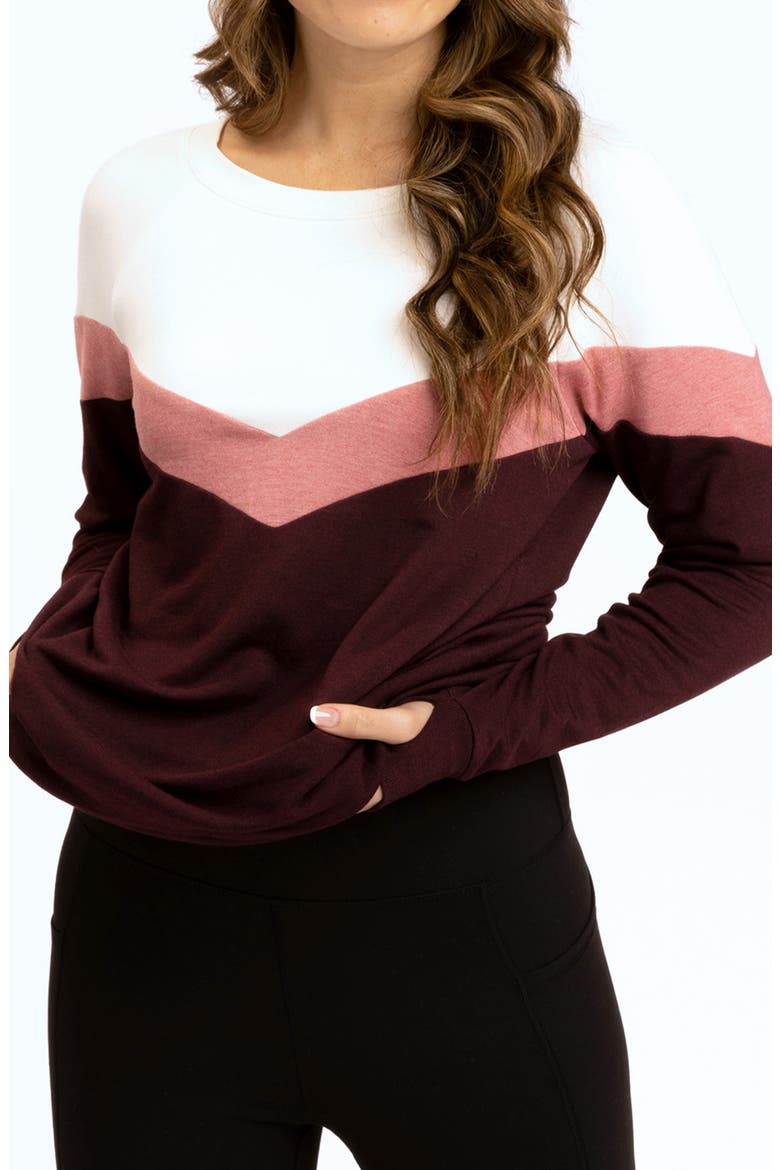 Chevron Stripe Feather Fleece Sweatshirt, Alternate, color, ECRU/ HEATHER ROYAL BURGUNDY