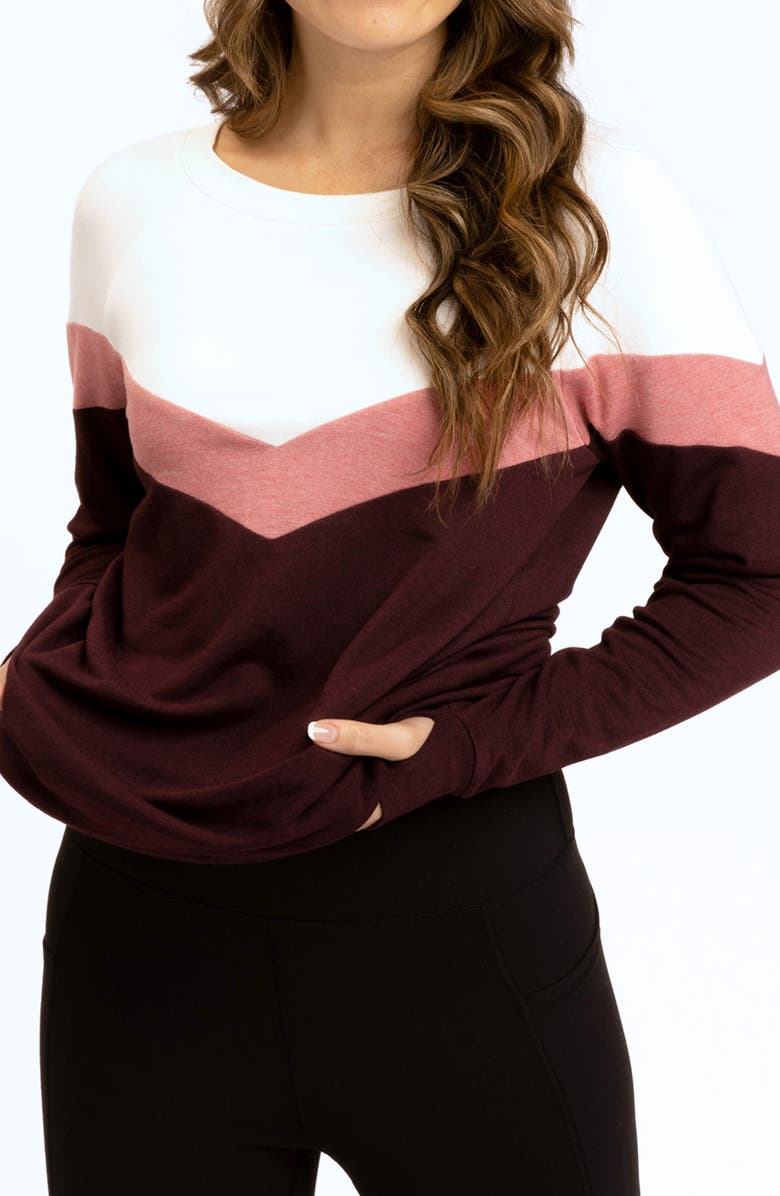 Threads 4 Thought Chevron Stripe Feather Fleece Sweatshirt, Alternate, color, Ecru/ Heather Royal Burgundy