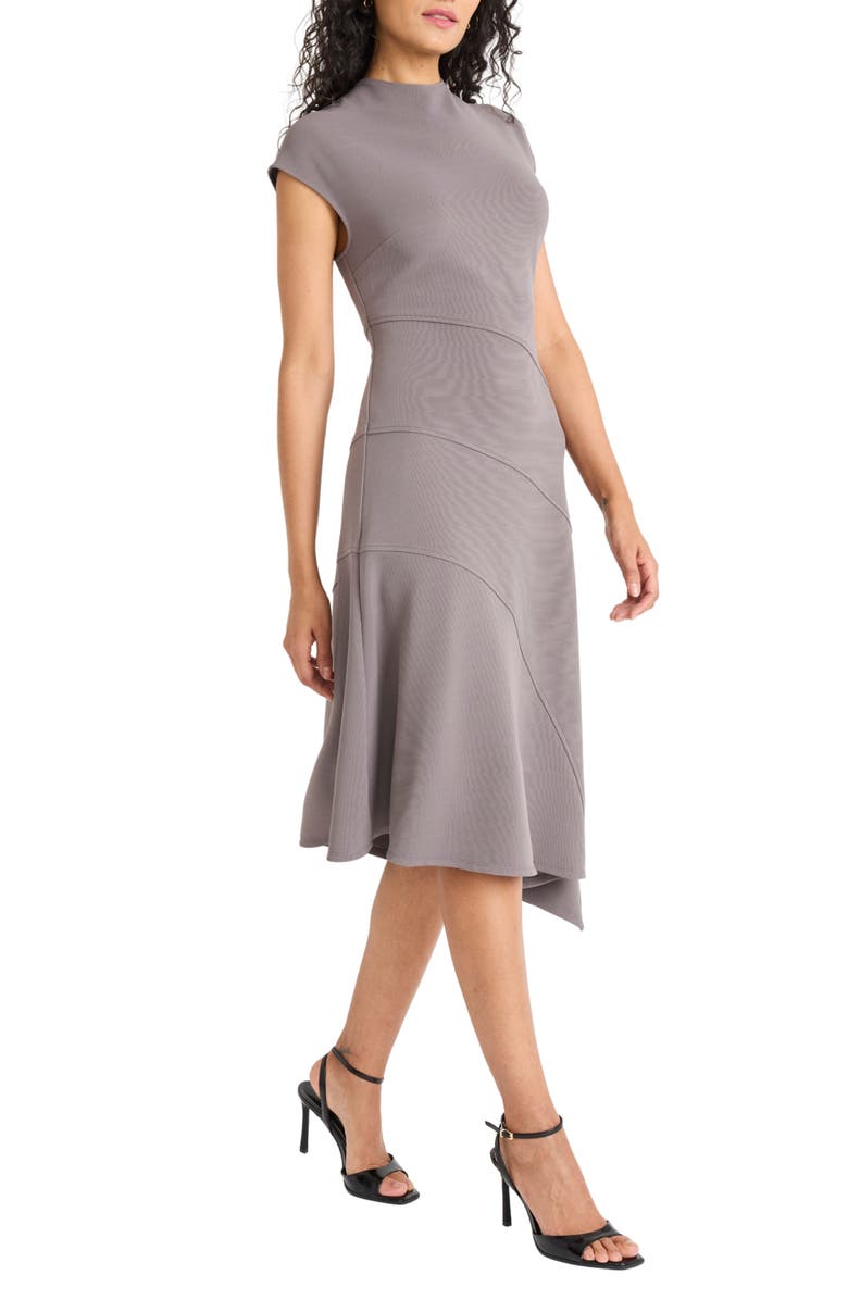 Maggy London Mock Neck Cap Sleeve Asymmetric Hem A-Line Dress, Alternate, color, Volcanic Glass