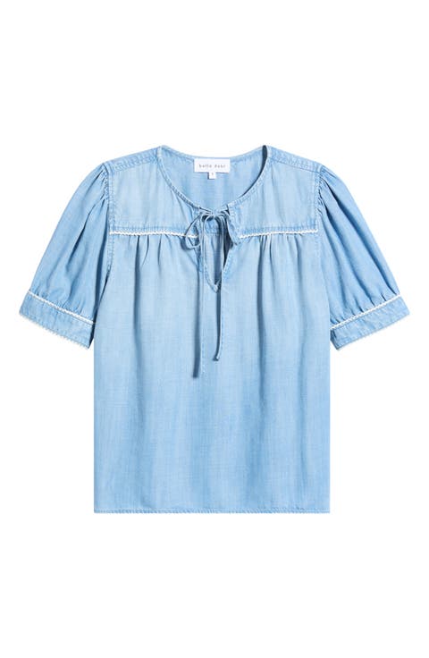 Scallop Trim Tie Front Chambray Top