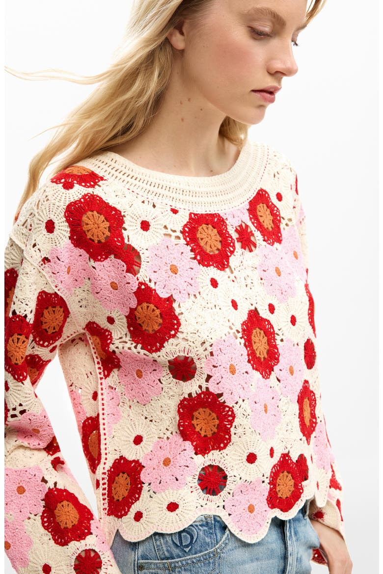 Floral Cotton Blend Crochet Sweater, Alternate, color, OFF WHITE
