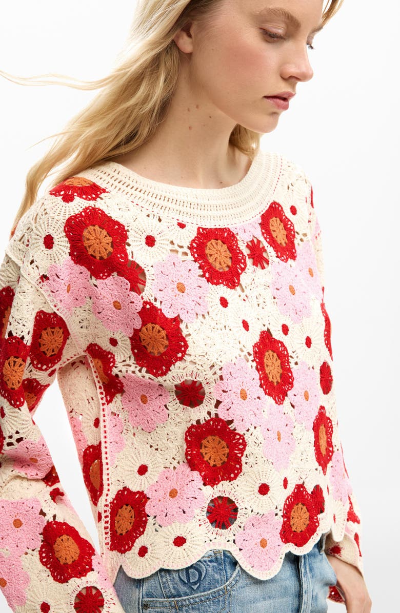 Desigual Floral Cotton Blend Crochet Sweater, Alternate, color, Off White