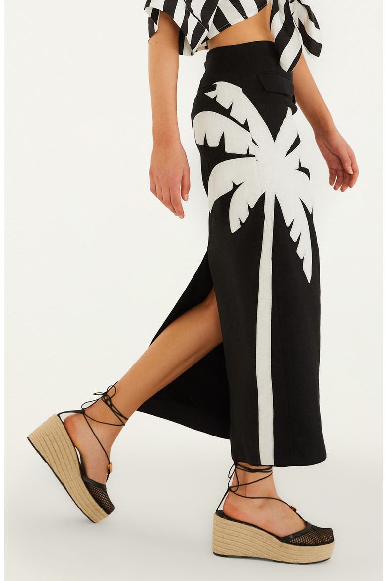Palm Tree Embroidered Linen Maxi Skirt, Alternate, color, BLACK