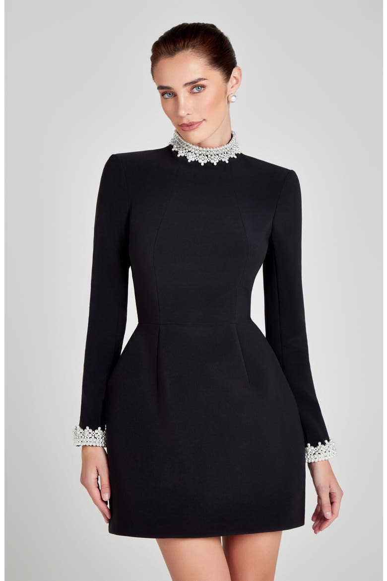 Athena Faux Pearl Trim Long Sleeve Minidress, Alternate, color, BLACK