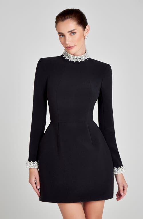 Nadine Merabi Athena Faux Pearl Trim Long Sleeve Minidress In Black