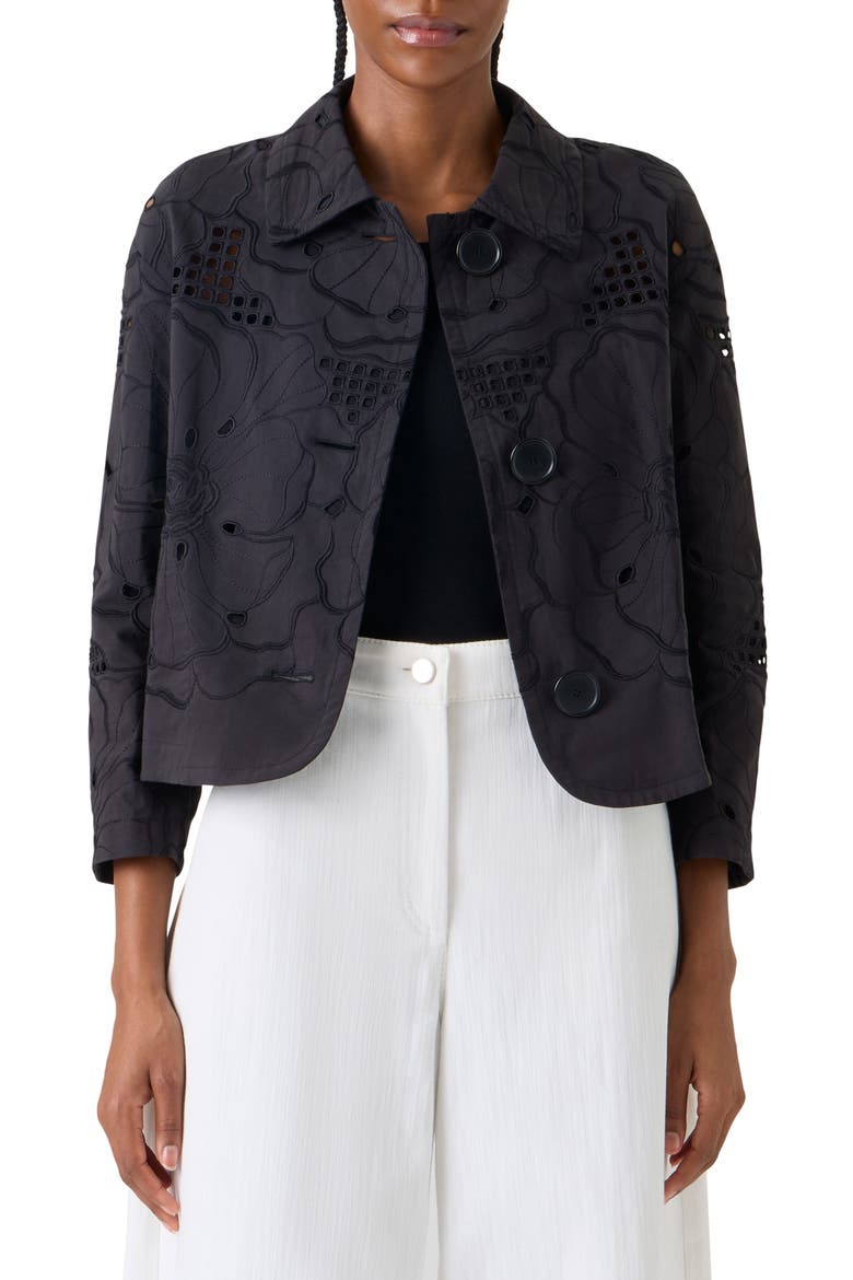 Flower Eyelet Cotton Poplin Crop Jacket, Main, color, BLACK