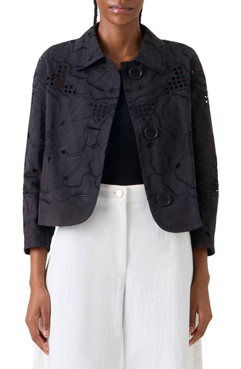 Akris punto Flower Eyelet Cotton Poplin Crop Jacket, Main, color, Black