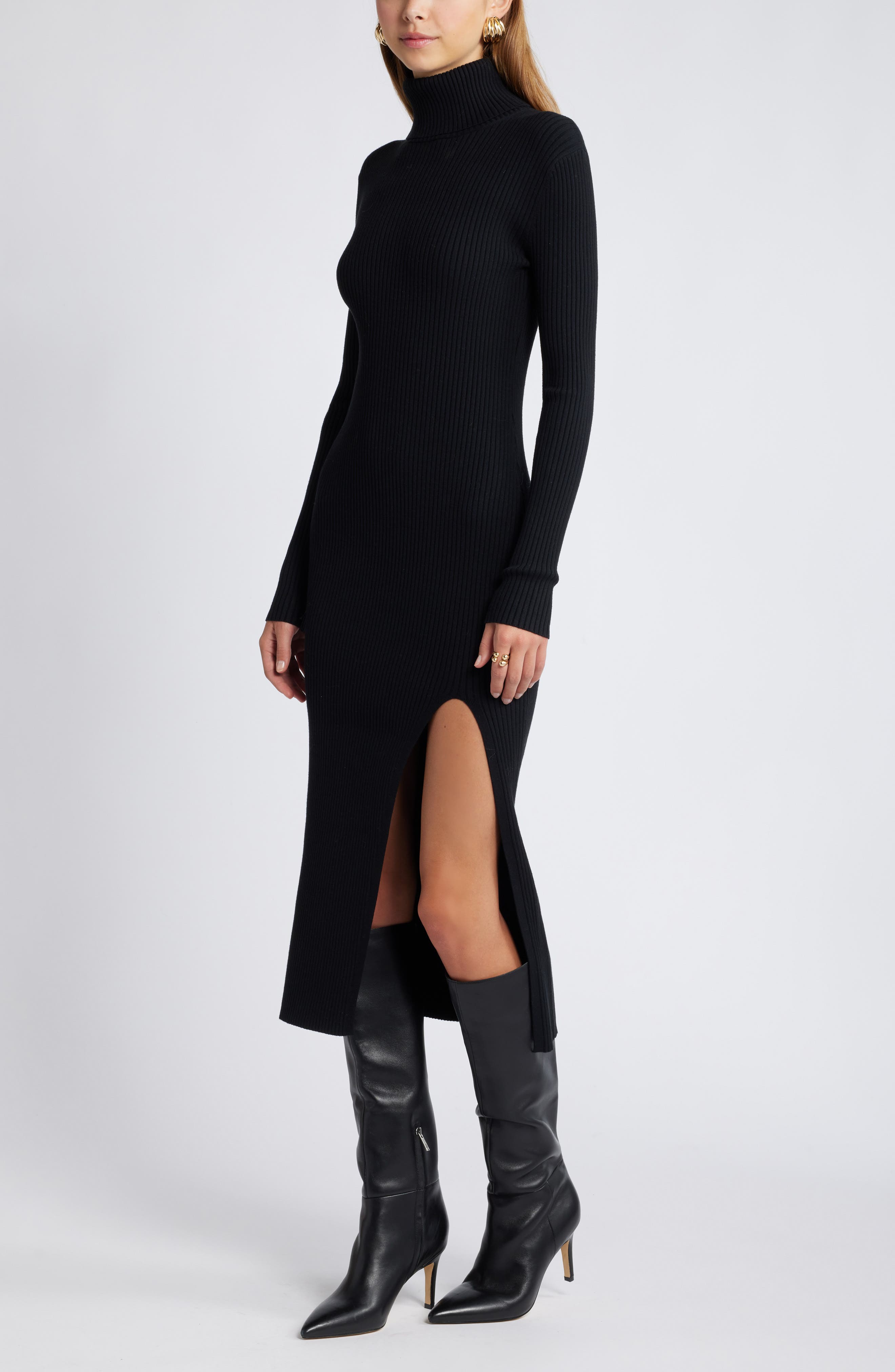 Book Club Knit Turtleneck Cap Sleeve Slit Sweater Midi Dress