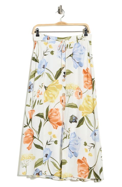 Floral Button Flare Midi Skirt