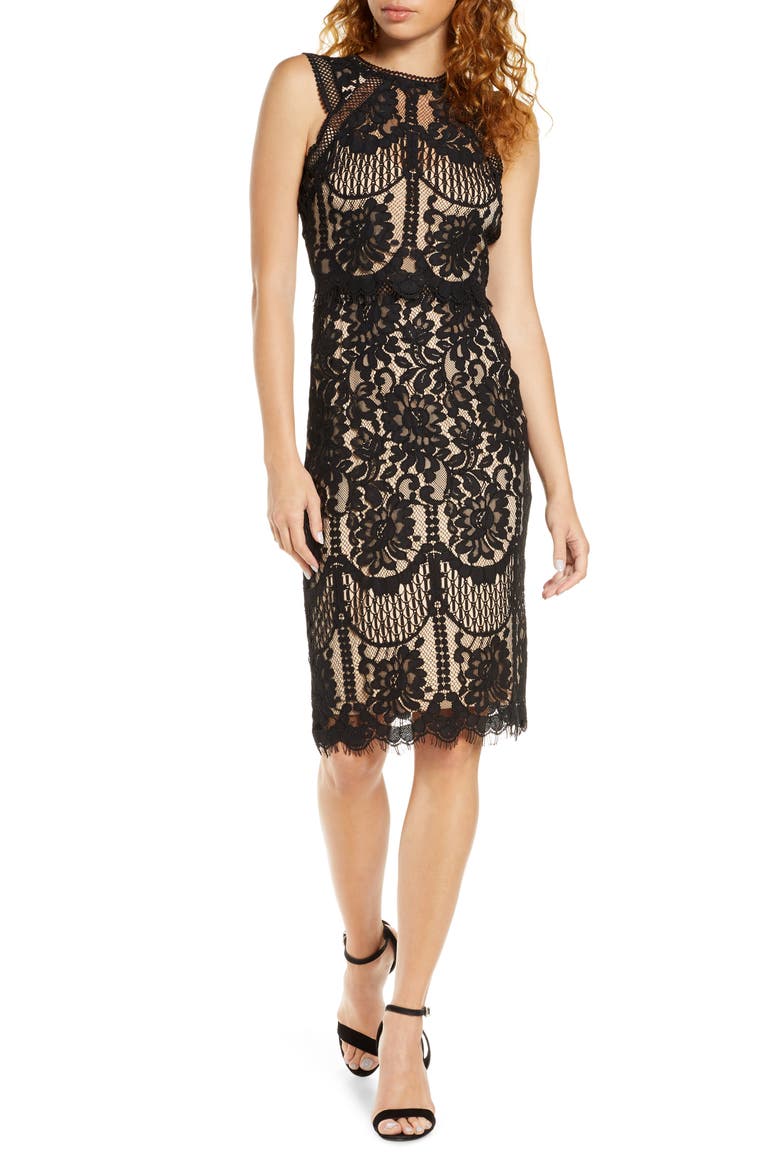 Sweetness Lace Cocktail Sheath Dress, Main, color, BLACK/ NUDE