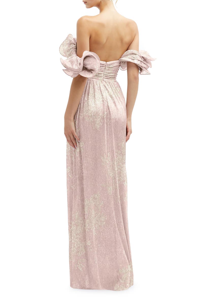 Ruffle Off the Shoulder Metallic Column Gown, Alternate, color, PINK GOLD