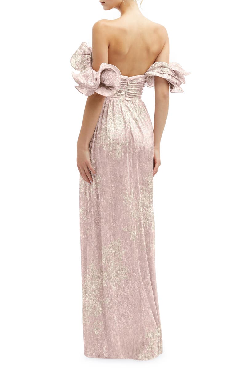 After Six Ruffle Off the Shoulder Metallic Column Gown, Alternate, color, Pink Gold