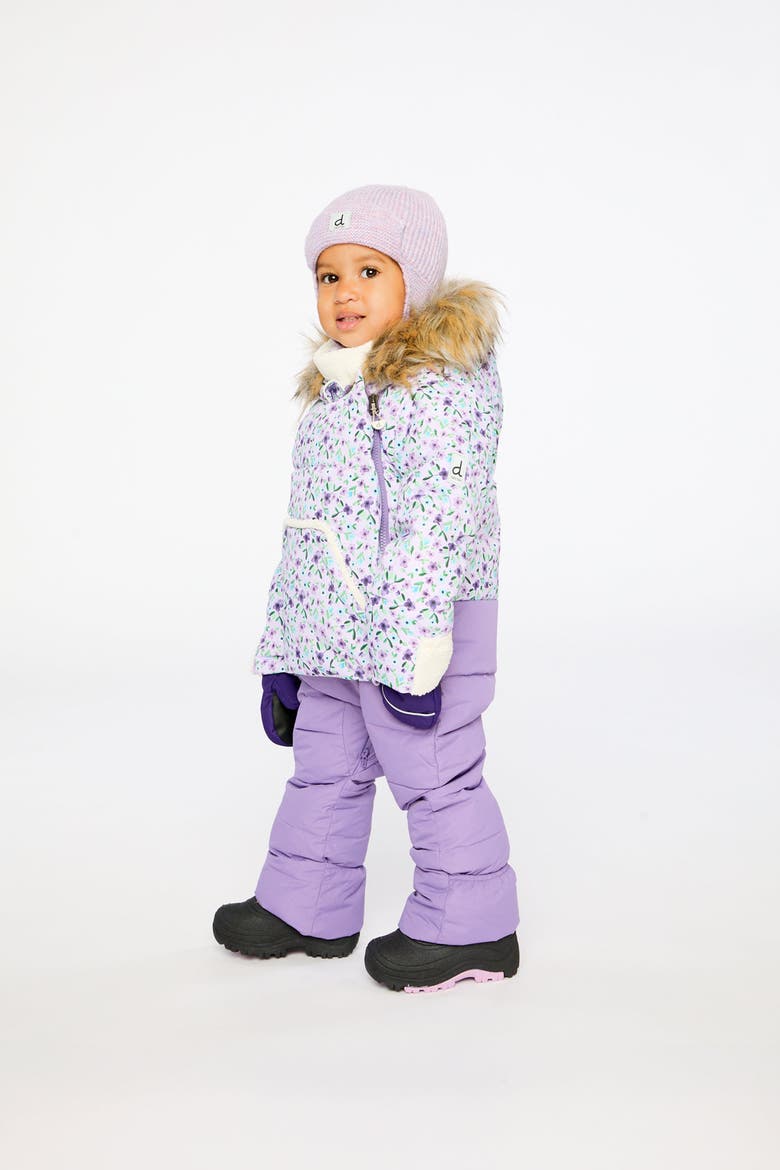 Mini Flowers Snug Car Seat Fleece Neckwarmer One Piece Snowsuit, Alternate, color, Purple Printed Mini Flowers