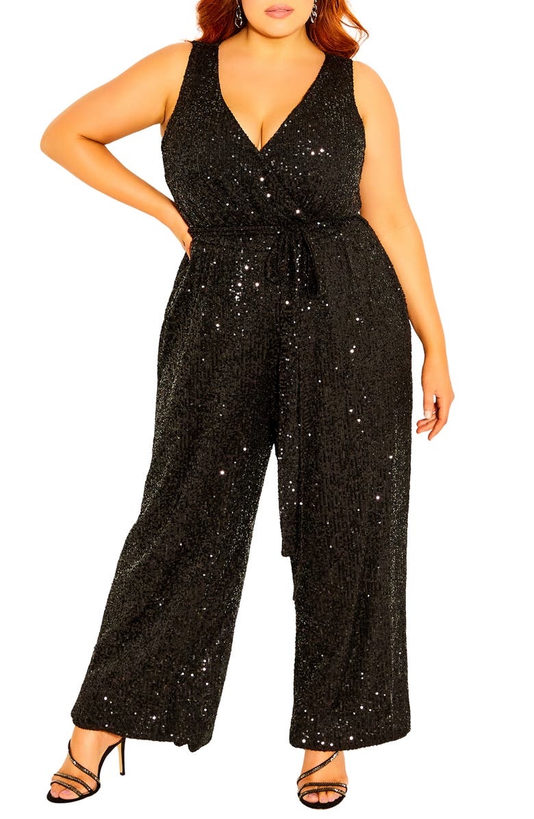 City Chic Dazzling Tie Waist Jumpsuit, Main, color, 