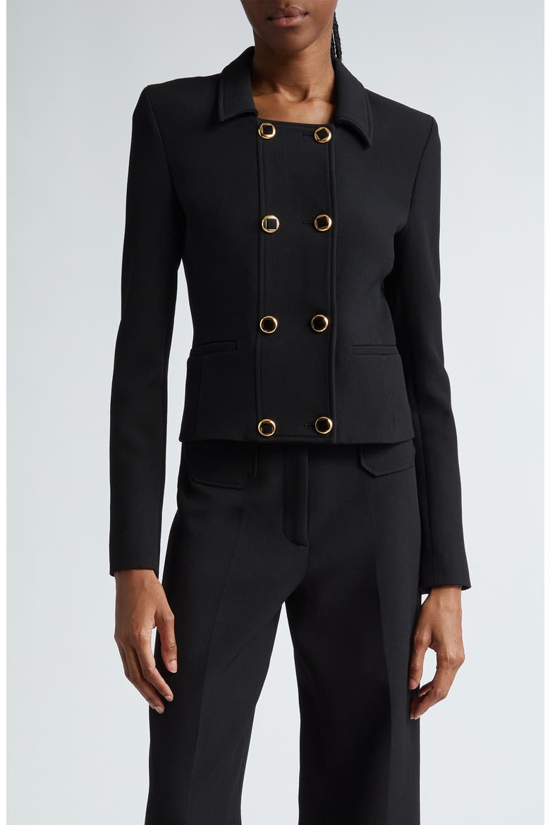 Double Breasted Stretch Crepe Crop Jacket, Main, color, BLACK