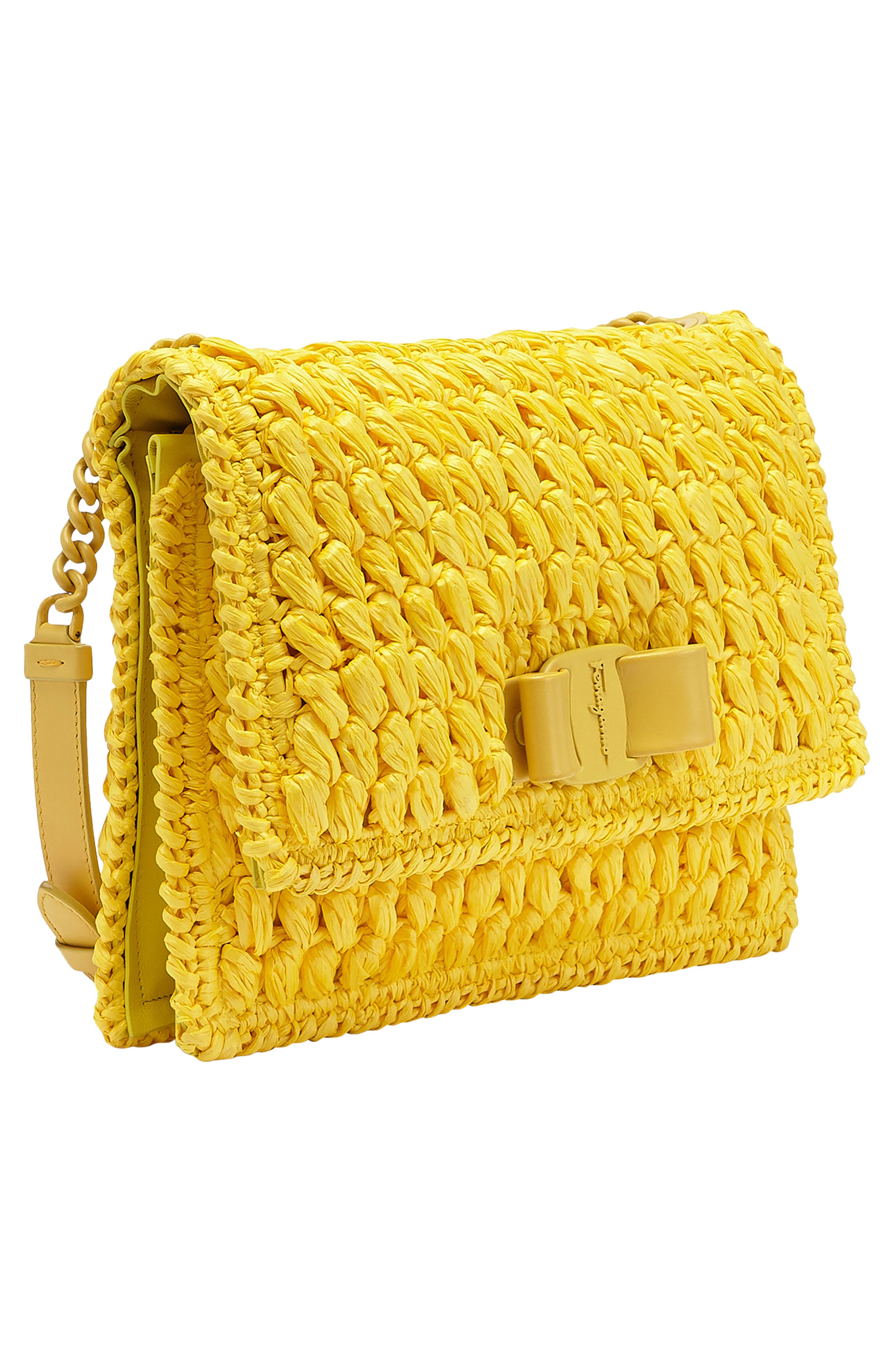 Salvatore Ferragamo Viva Bow Crochet Raffia Shoulder Bag, Alternate, color, CANARY YELLOW RAFIA