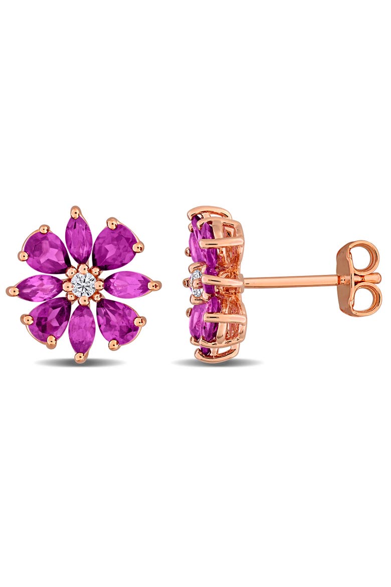 Rhodolite Flower Stud Earrings Rose Silver, Main, color, Rhodolite