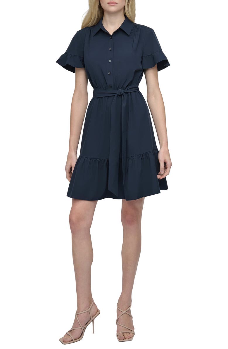 DKNY Ruffle Mini Shirtdress, Main, color, Navy