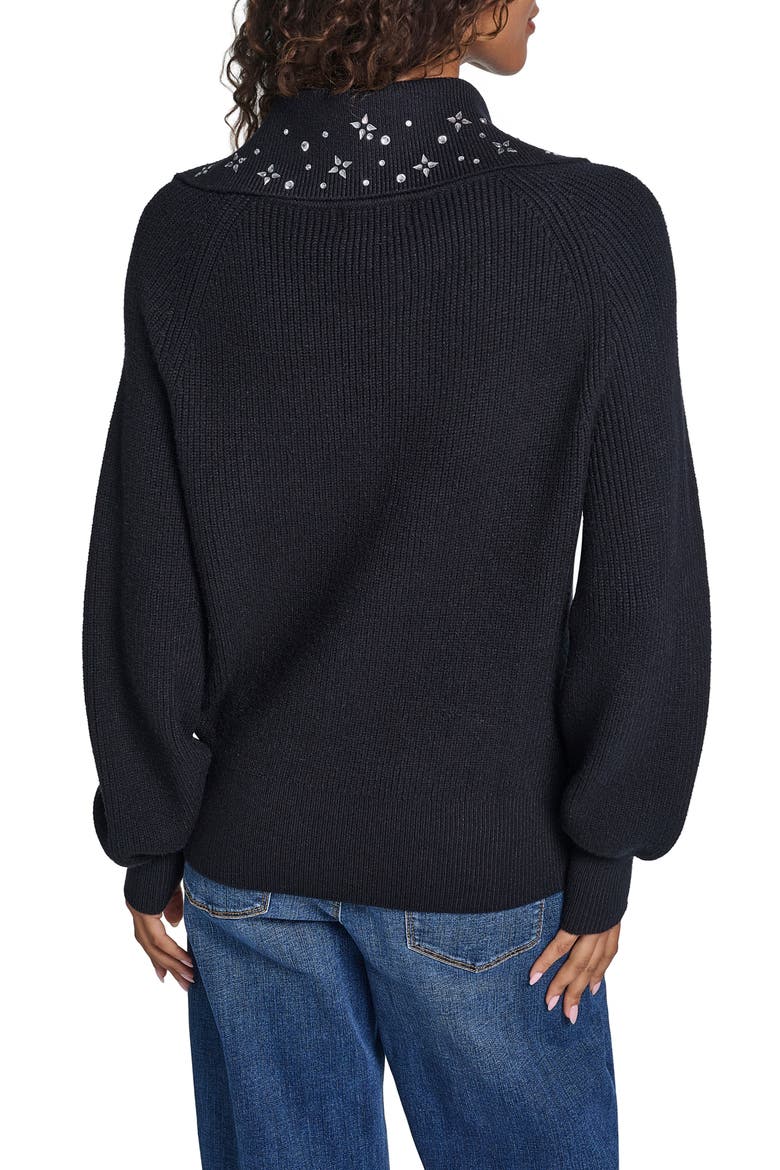 Crystal Collar Zip Up Sweater, Alternate, color, BLACK
