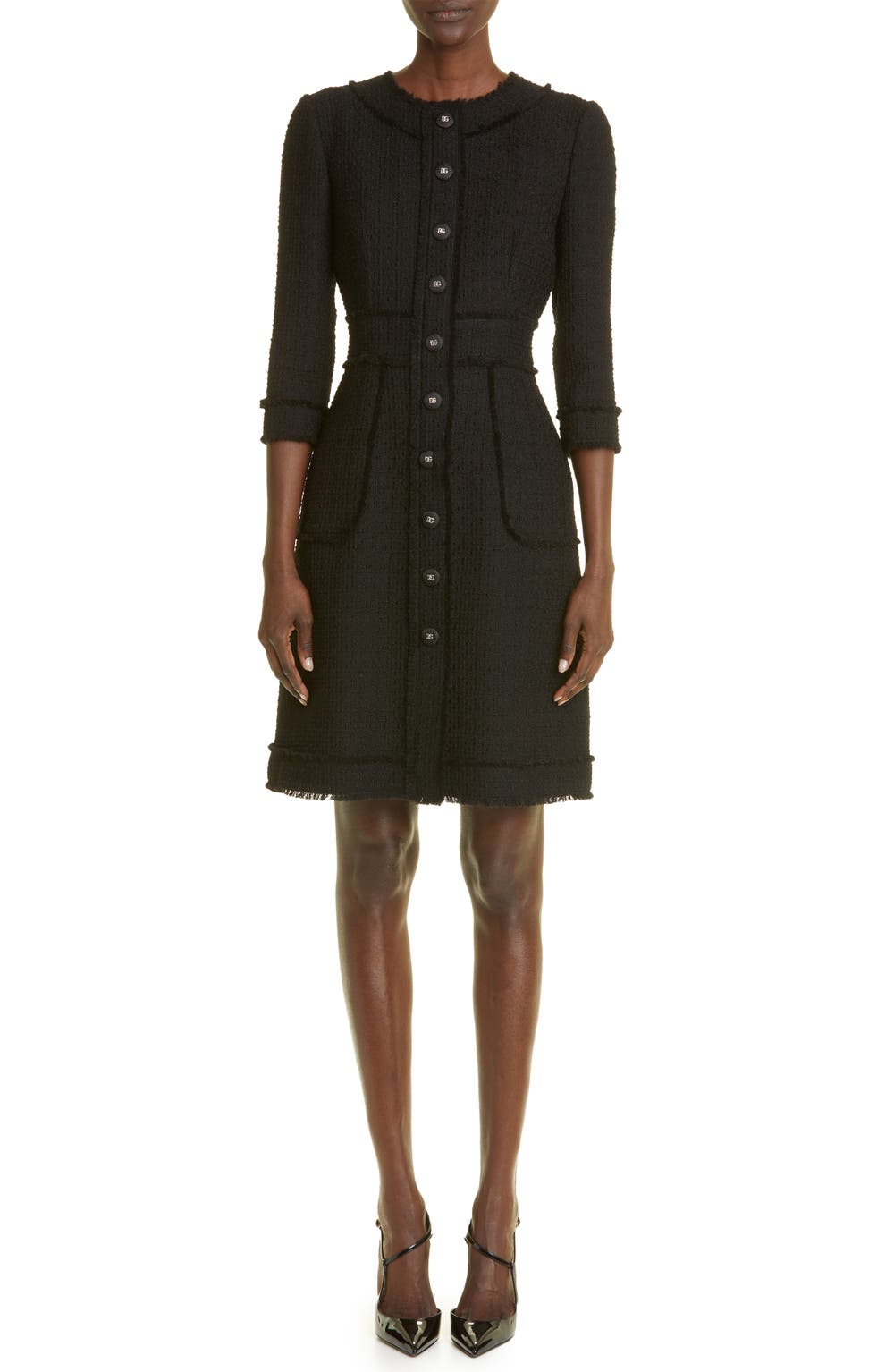 Raschel Tweed Shirtdress, color, BLACK