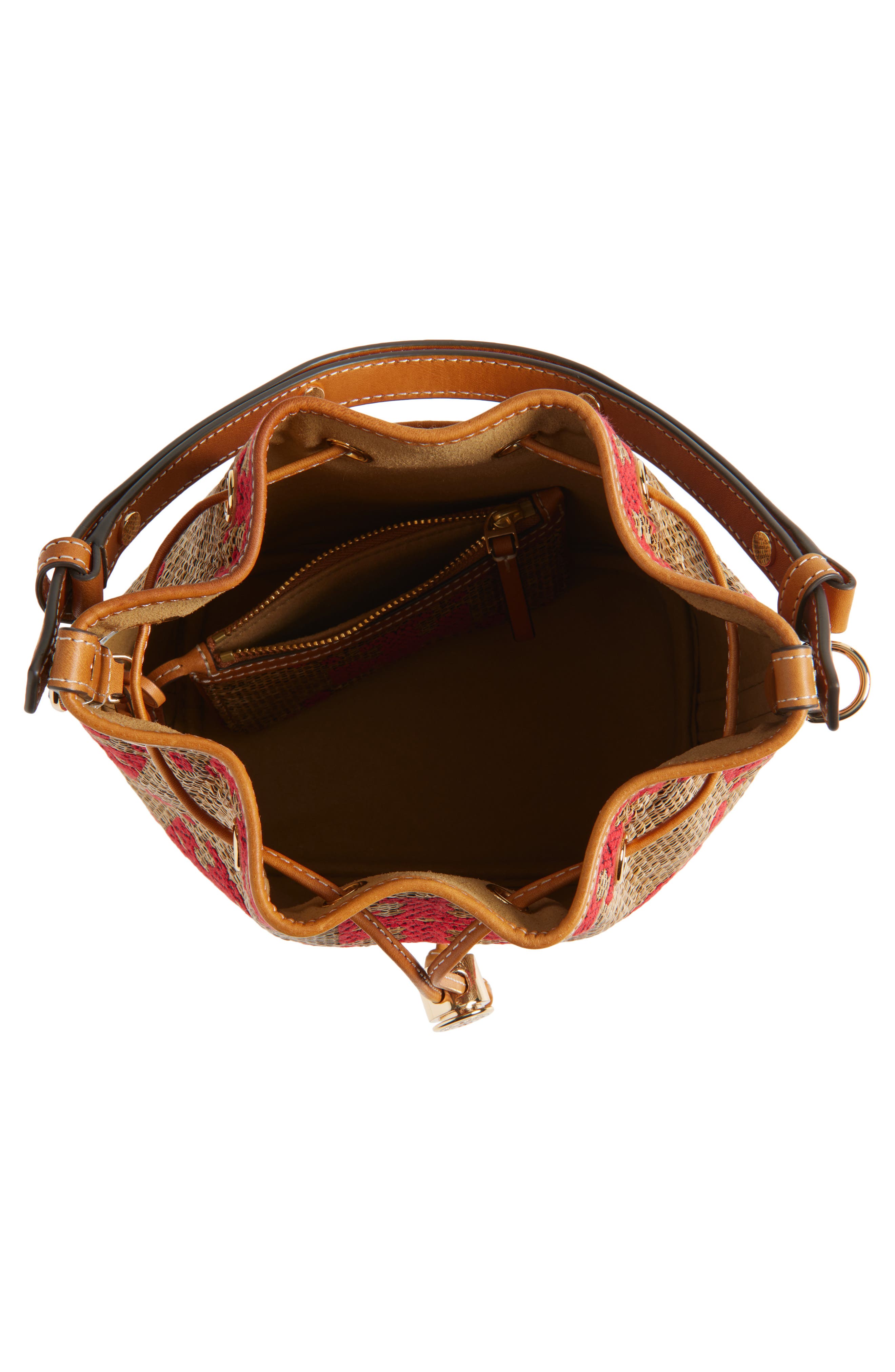 Tory Burch Mini T Monogram Straw Bucket Bag, Alternate, color, Natural