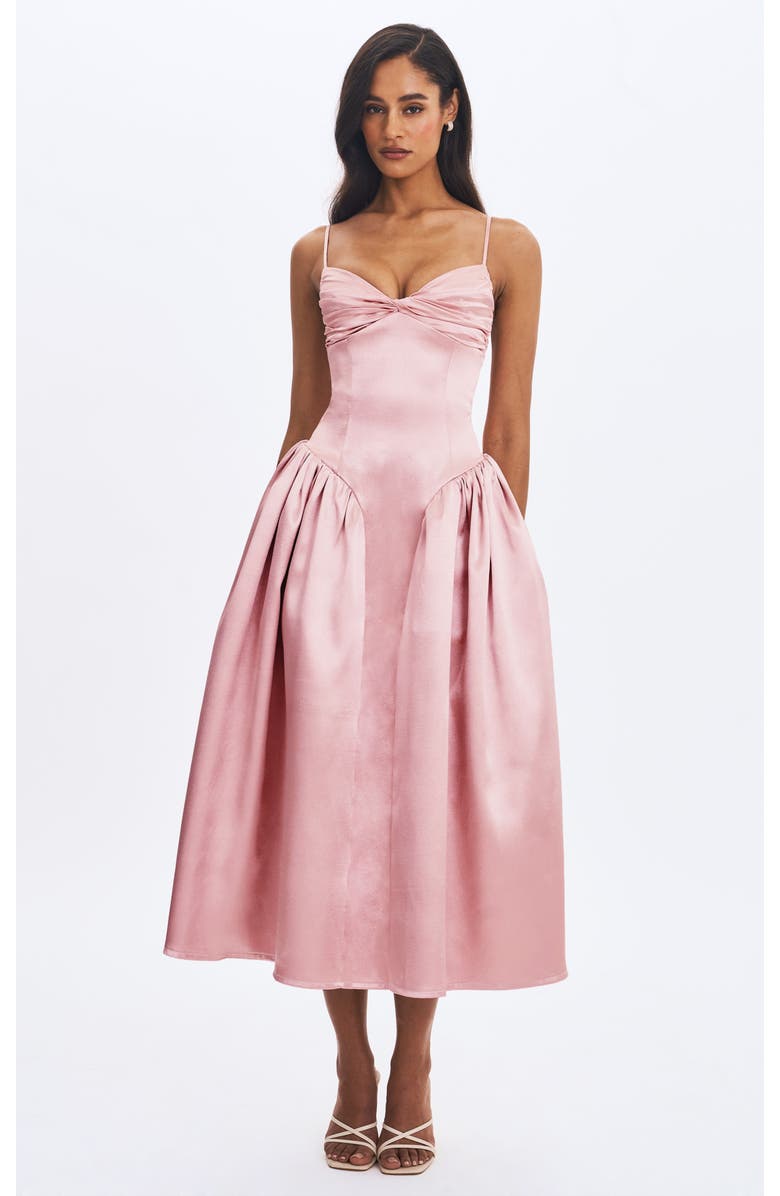 Miss Circle Tullia Satin Ruched Midi Dress, Main, color, Dusty Rose