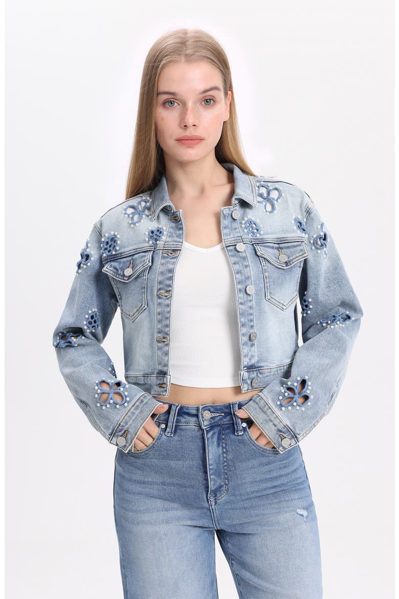 Crop Denim Trucker Jacket, Alternate, color, CELESTE