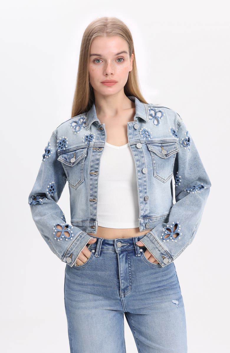 Bayeas Crop Denim Trucker Jacket, Alternate, color, Celeste