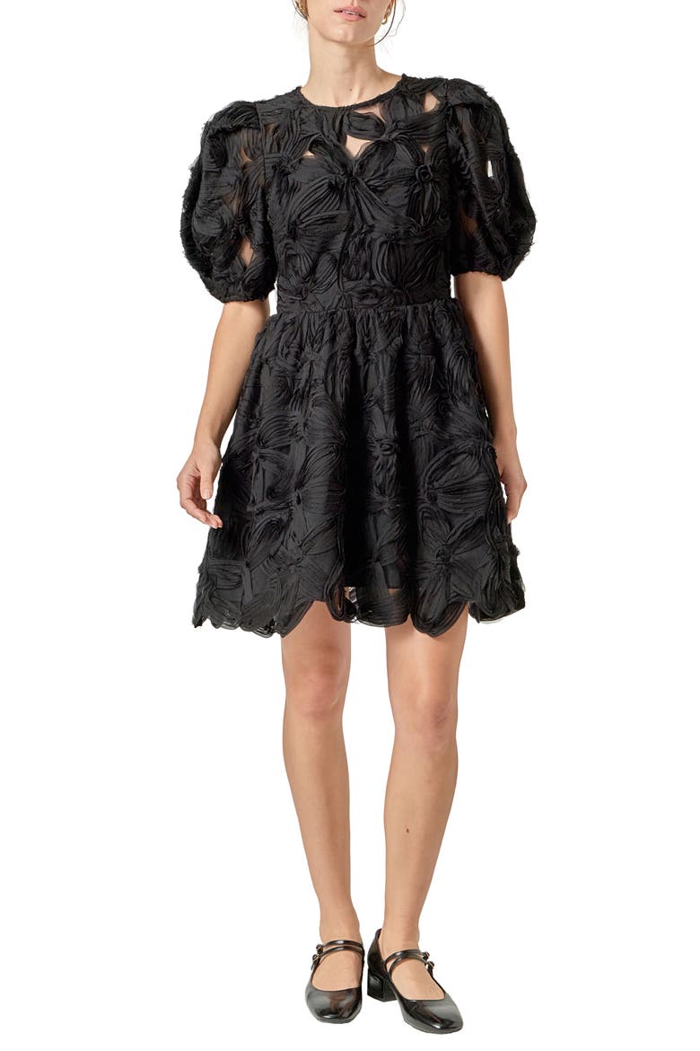 Flower Detail Puff Sleeve Dress, Main, color, BLACK