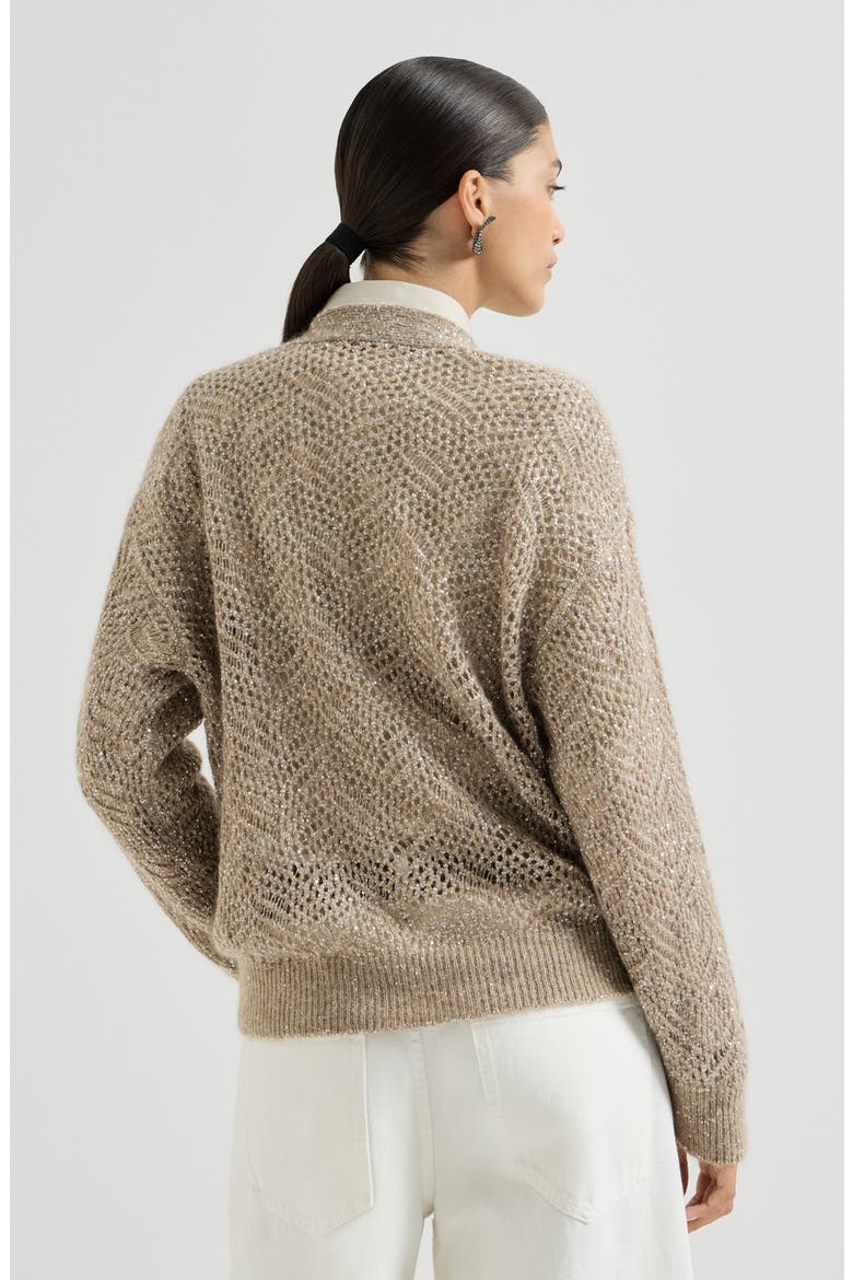 Dazzling abstract leaf cardigan in mohair and wool, Alternate, color, Light Brown
