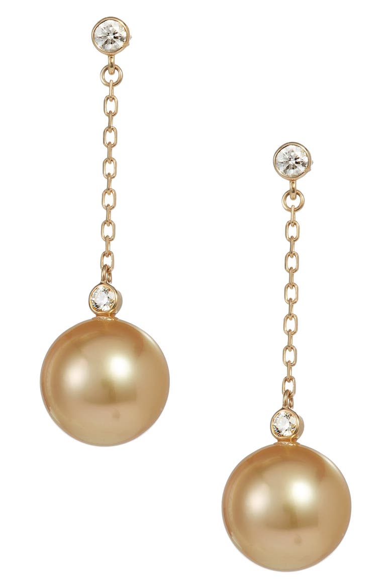 South Sea Cultured Pearl & Diamond Drop Earrings, Main, color, YELLOW GOLD