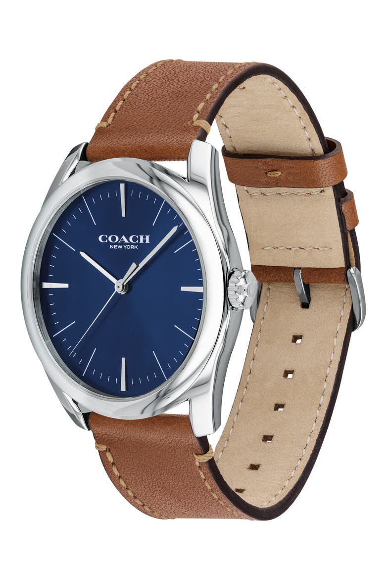 Preston Leather Strap Watch, 41mm, Alternate, color, SADDLE/ SILVER/ NAVY