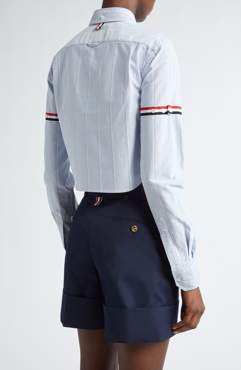 Thom Browne Armband Stripe Cotton Poplin Crop Button-Down Shirt, Alternate, color, Navy