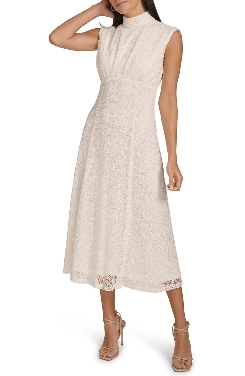 Calvin Klein Mock Neck Sleeveless Lace A-Line Dress, Main, color,