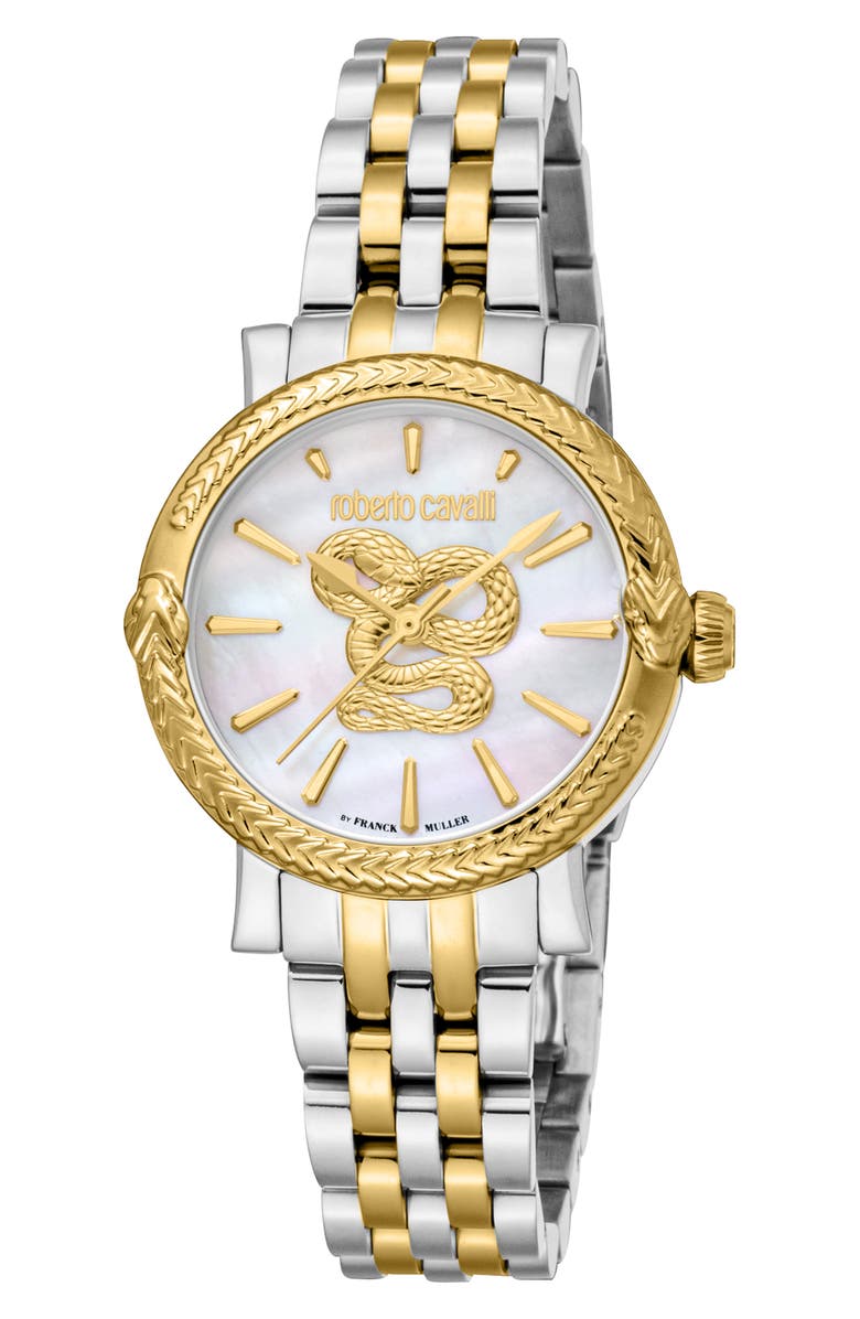 Roberto Cavalli by Franck Muller Mother-of-Pearl Bracelet Watch, 30mm, Main, color, Two Tone Silver & Gold