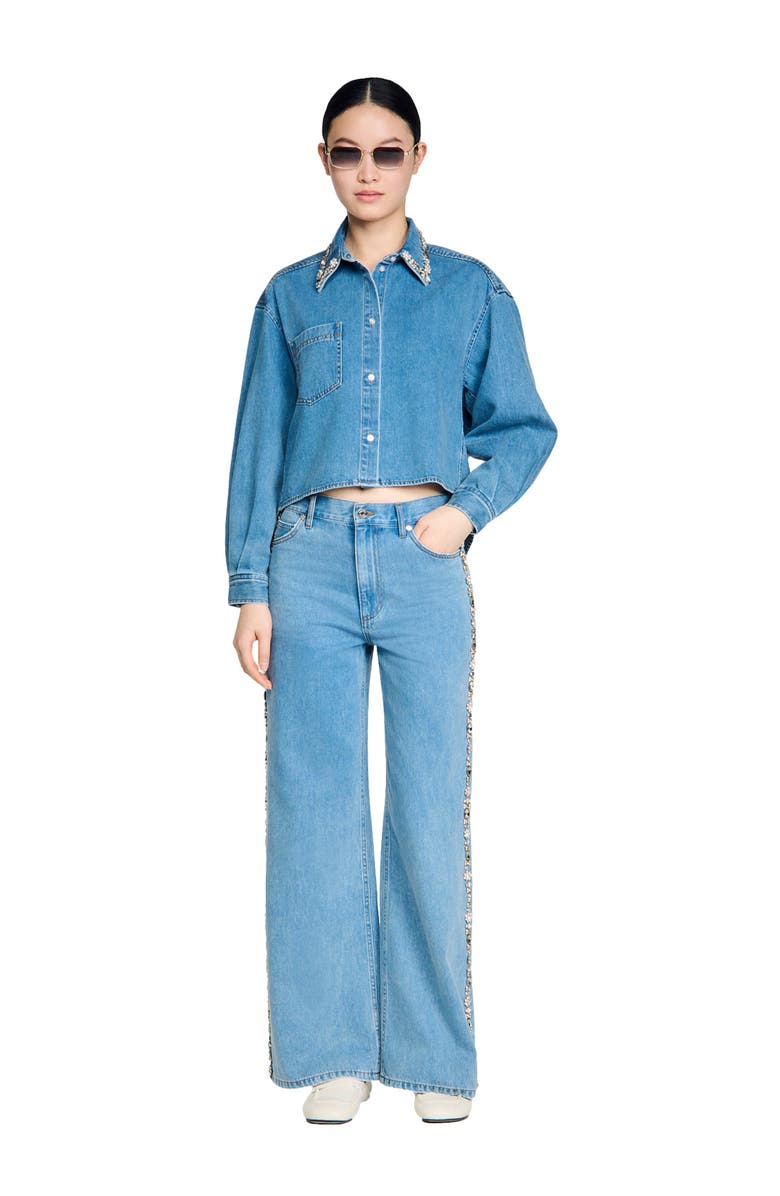 SANDRO Denim shirt with rhinestones, Alternate, color, Blue Jean