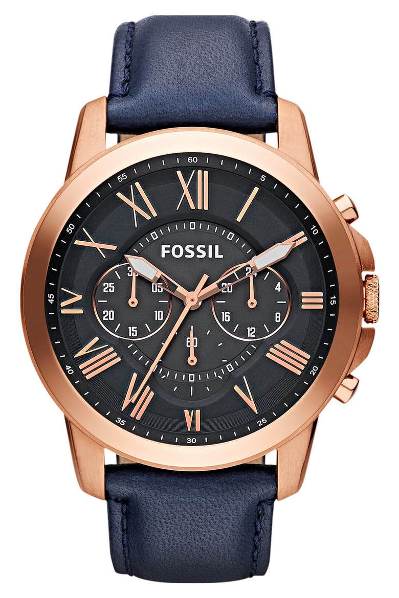 'Grant' Round Chronograph Leather Strap Watch, 44mm, Main, color, NAVY/ ROSE GOLD