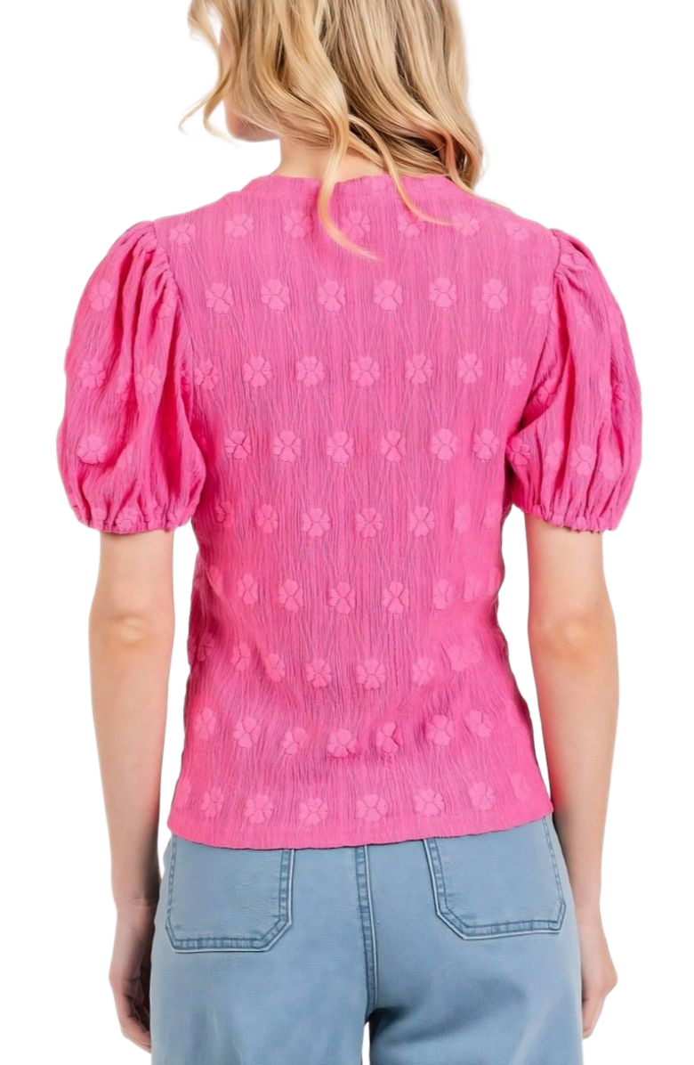 Knit and Lounge Embroidered Crinkled Texture Puff Sleeve Round Neck Top, Alternate, color, 