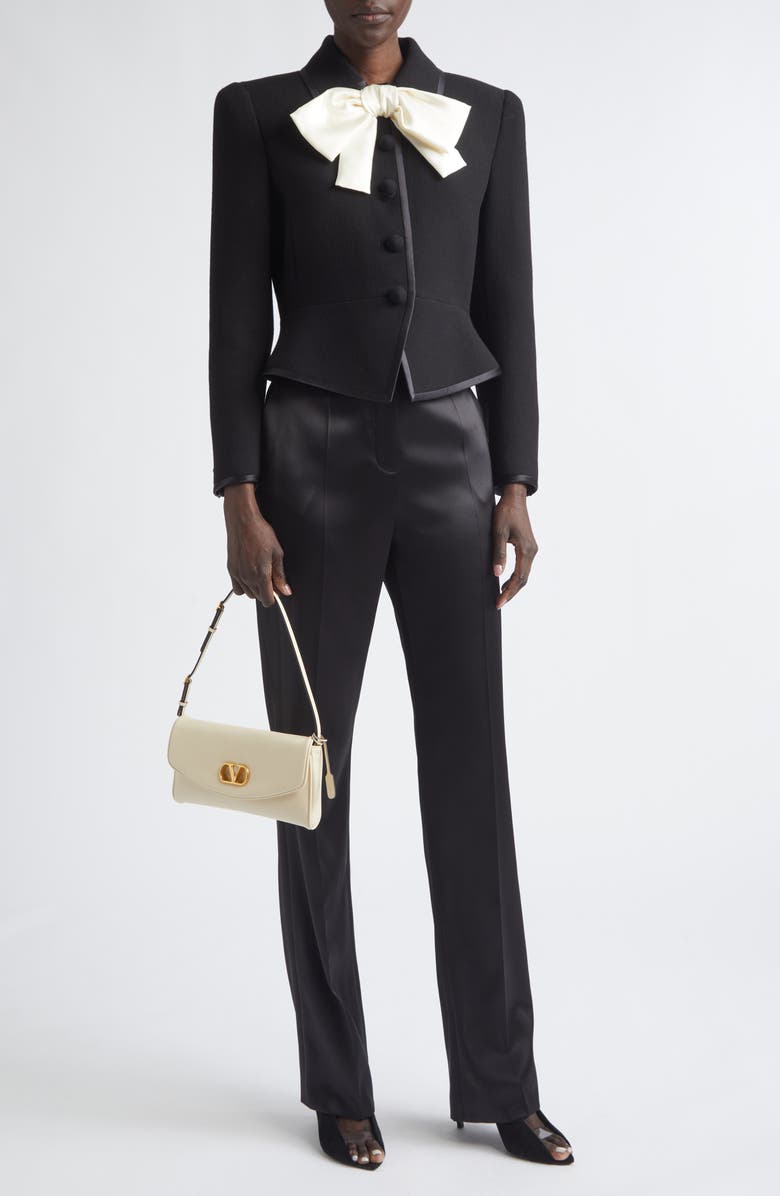 Valentino Bow Front Virgin Wool Crepe Crop Jacket, Alternate, color, Black