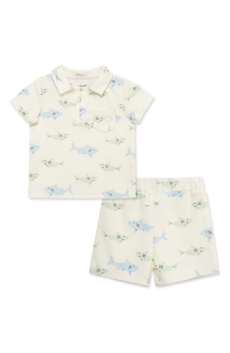 Little Me Kids' Shark Terry Polo & Shorts Set, Main, color, Blue/ Green