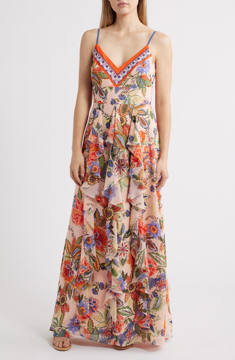 Eliza J Floral Cascade Ruffle Maxi Dress, Main, color, 