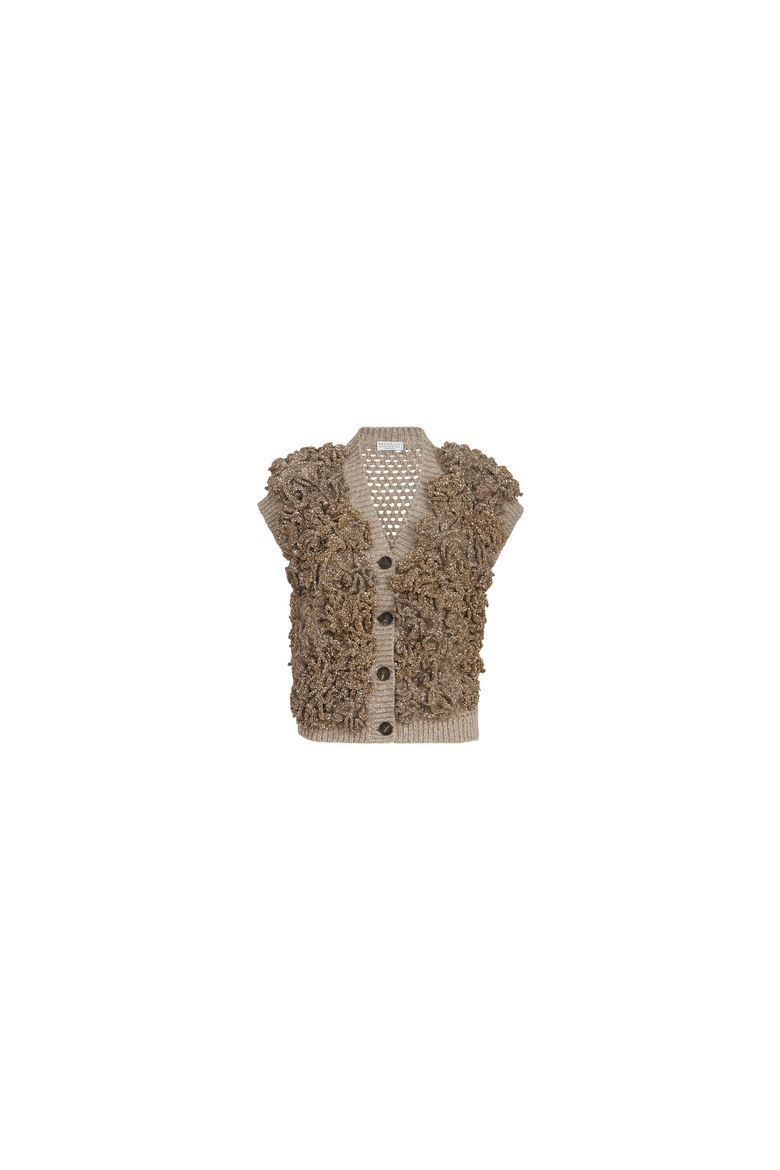 Handmade Dazzling blossom OPERA knit vest in soft virgin wool and cashmere, Alternate, color, Light Brown