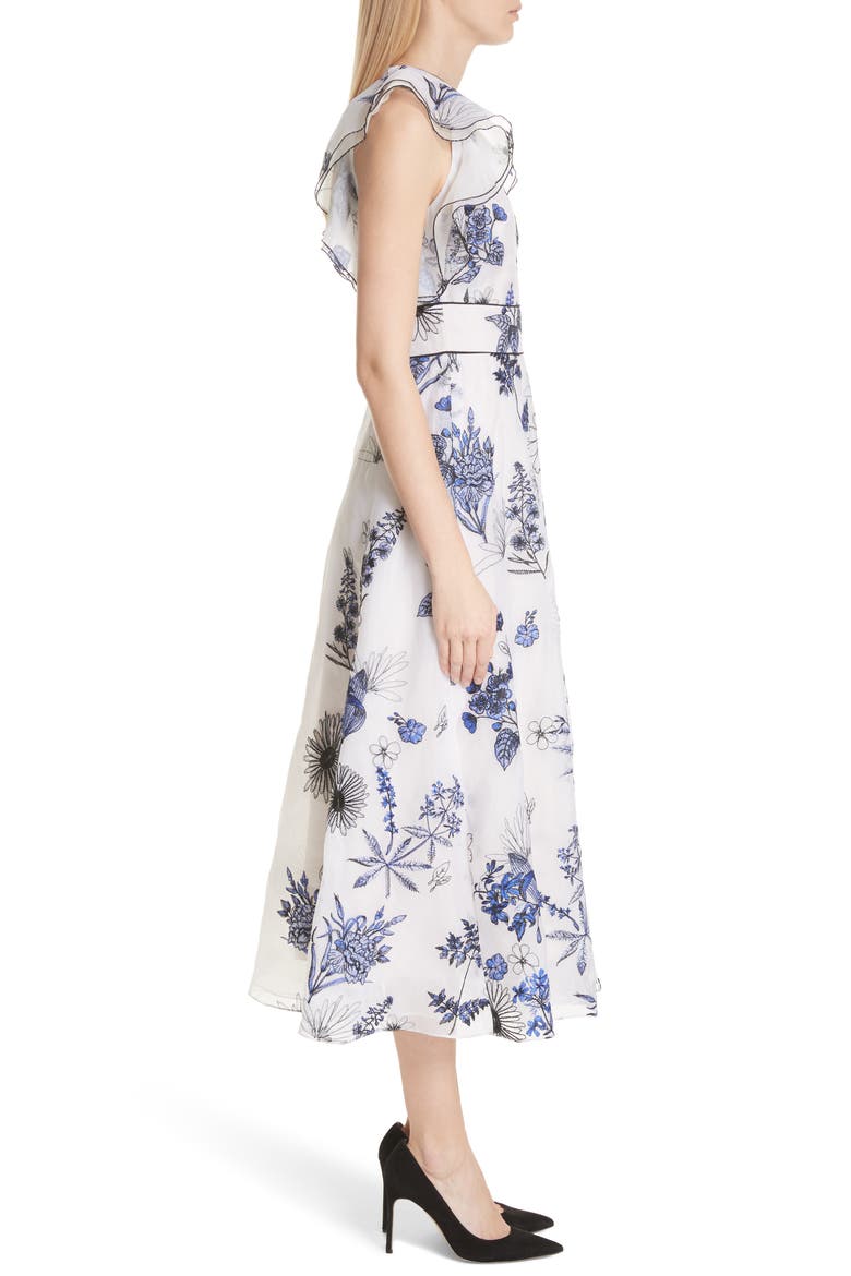 Embroidered Silk Ruffle Midi Dress, Alternate, color, IVORY / COBALT