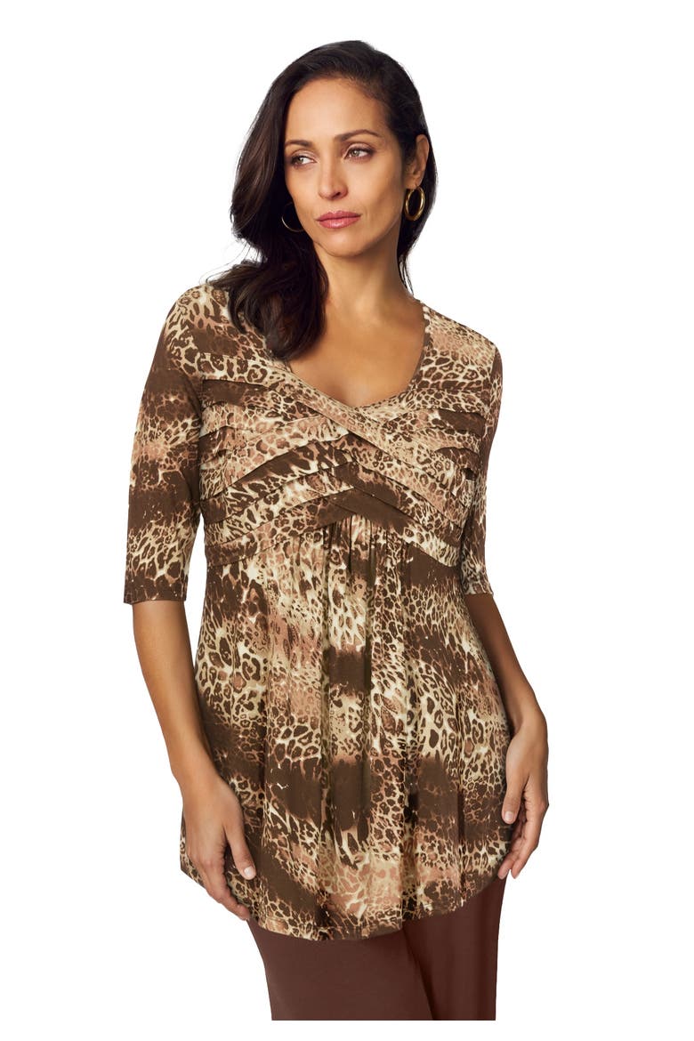 Stretch Knit Pleated Tunic, Main, color, CREAMY MOCHA PRINT