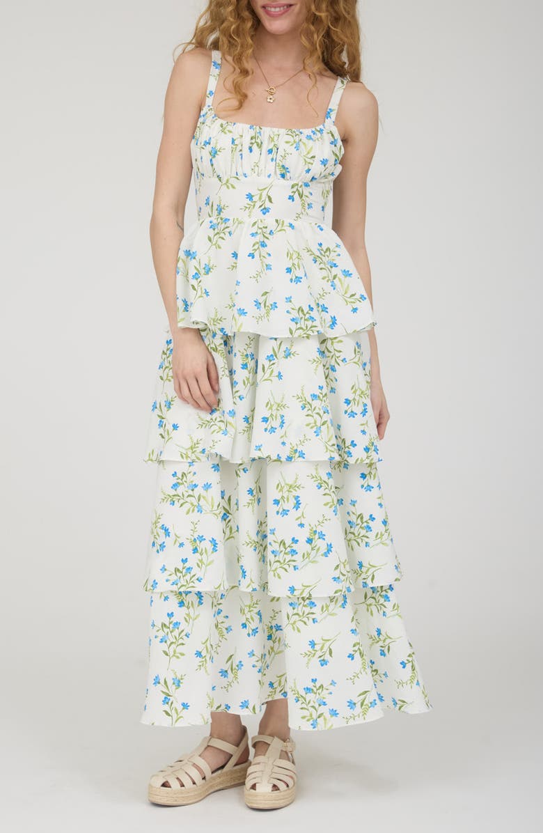 Blu Pepper Back Bow Sleeveless Tiered Maxi Dress, Main, color, Blue Multi